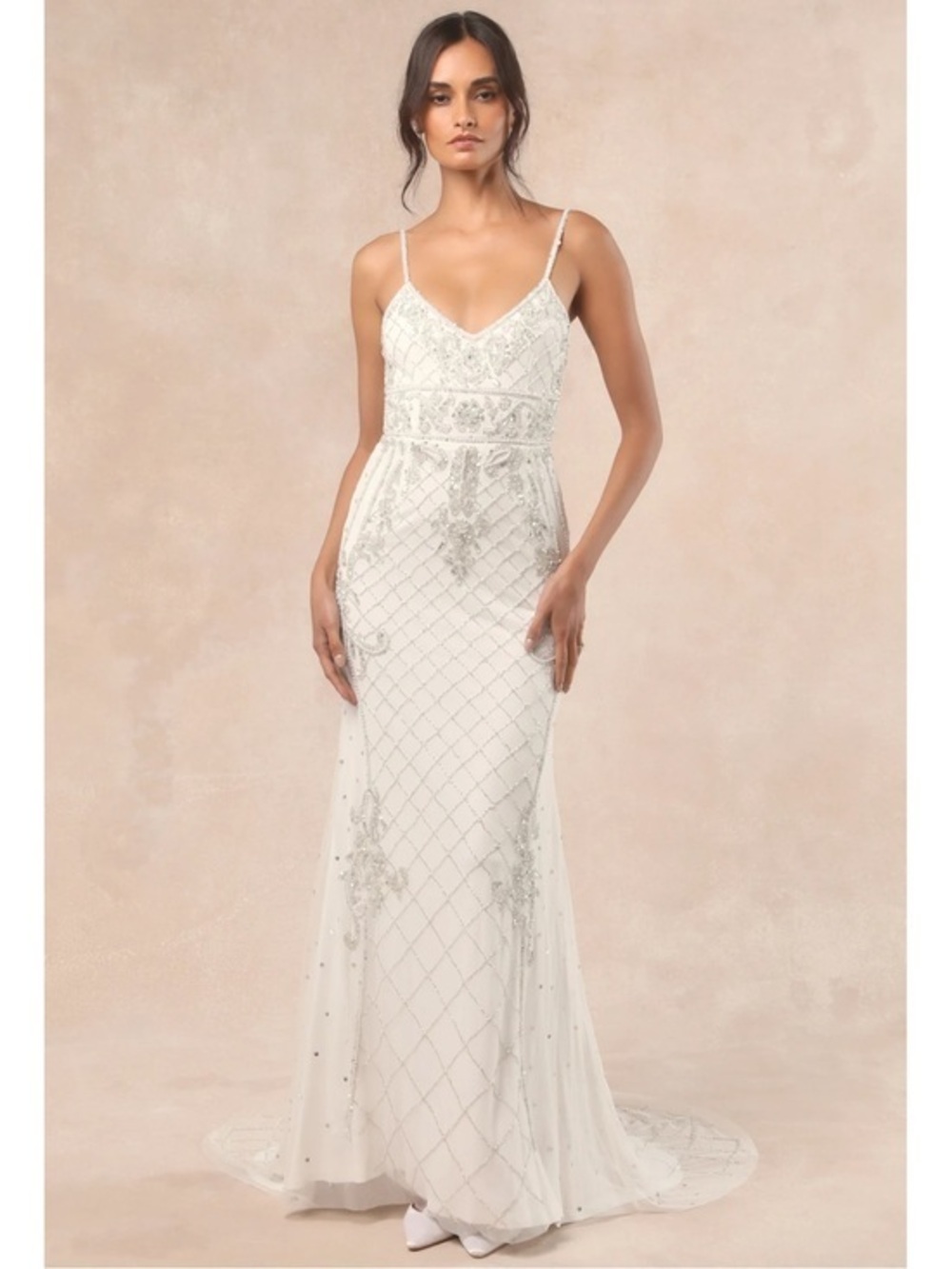 NWT Lulu’s Ciella White and Silver Beaded Mermaid Maxi Wedding Dress Romantic